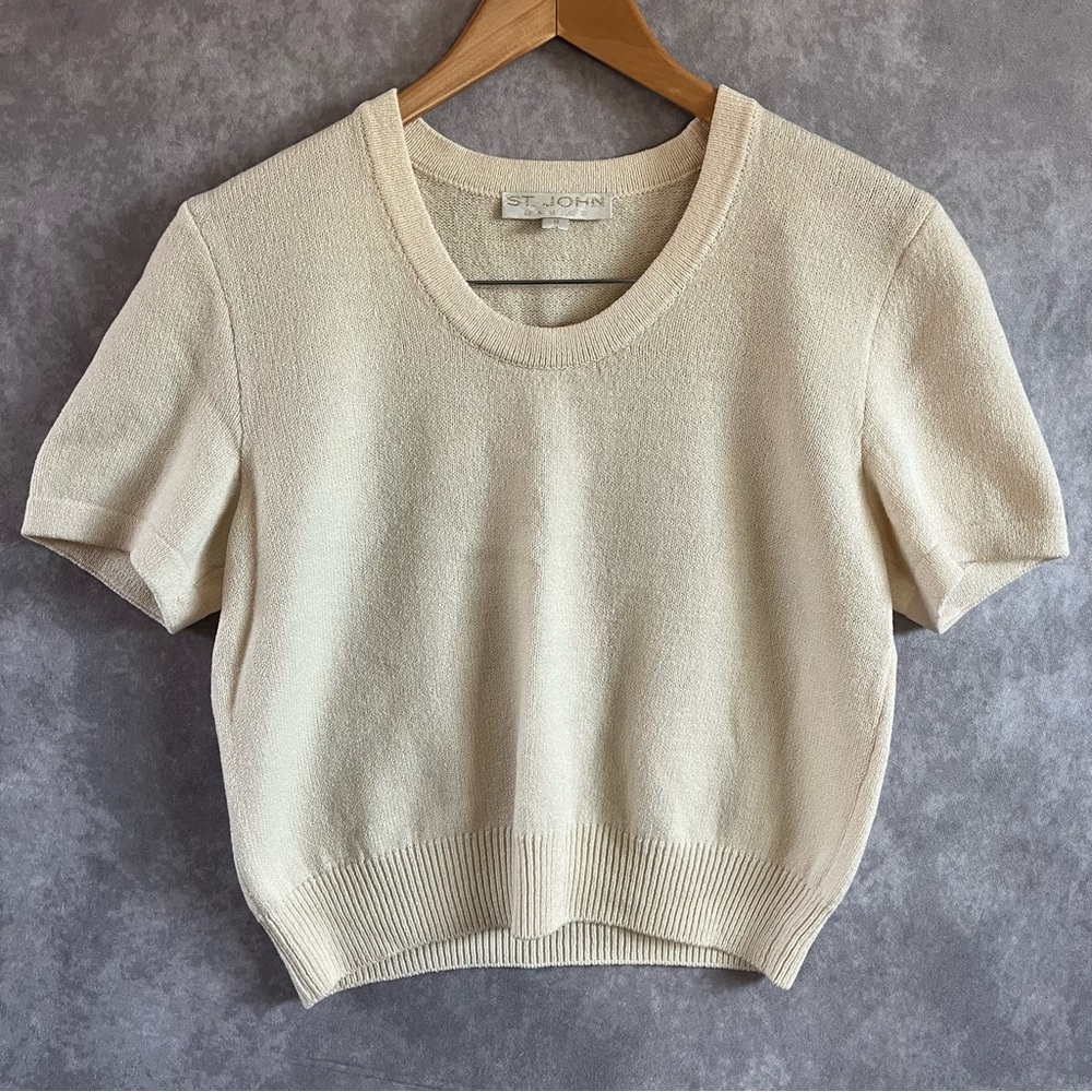 St. John Cream Short Sleeve Crewneck Sweater